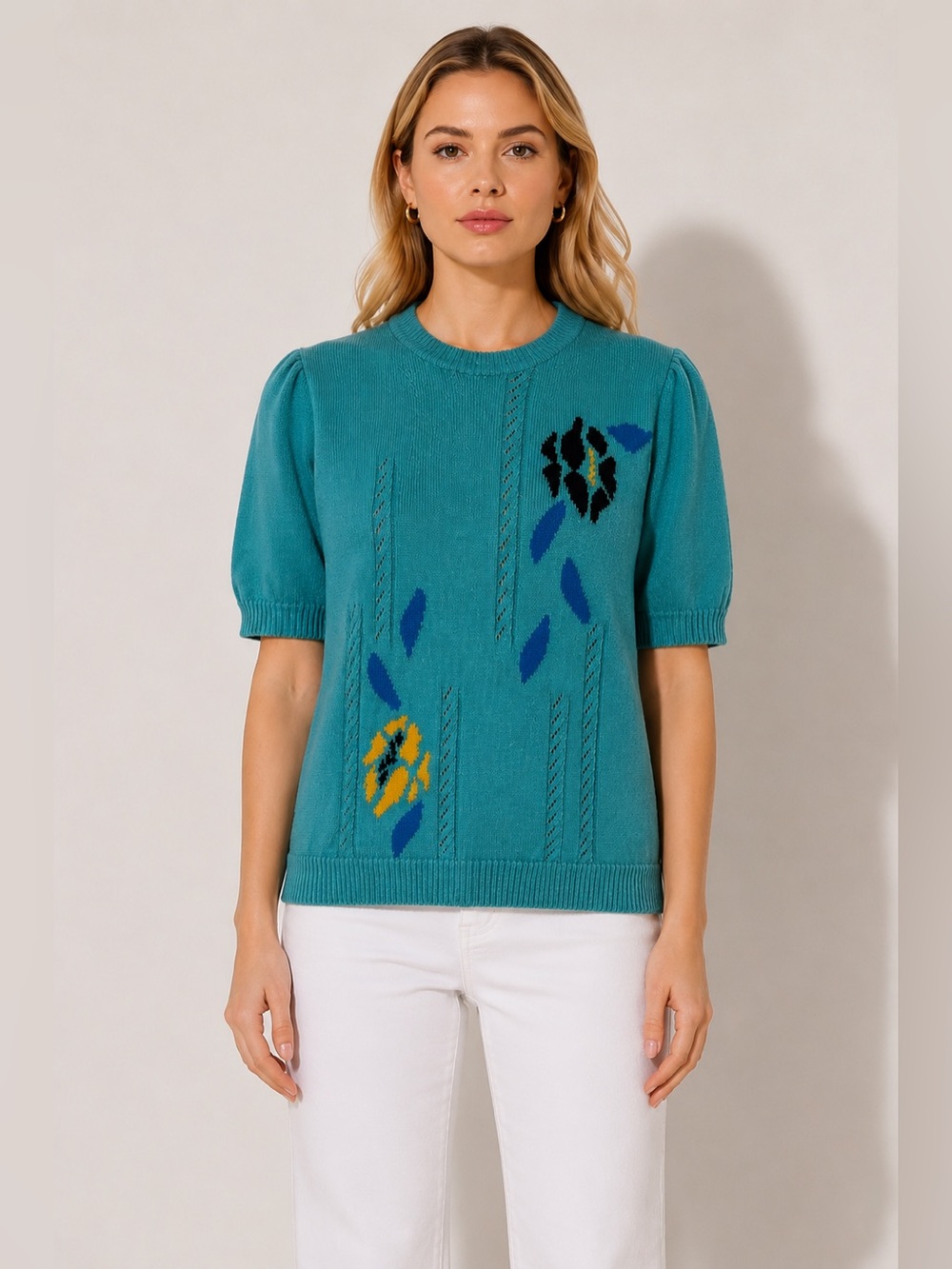 Vintage Freya Strickmoden Teal Knit Short Sleeve Sweater Germany Size 40 M Retro